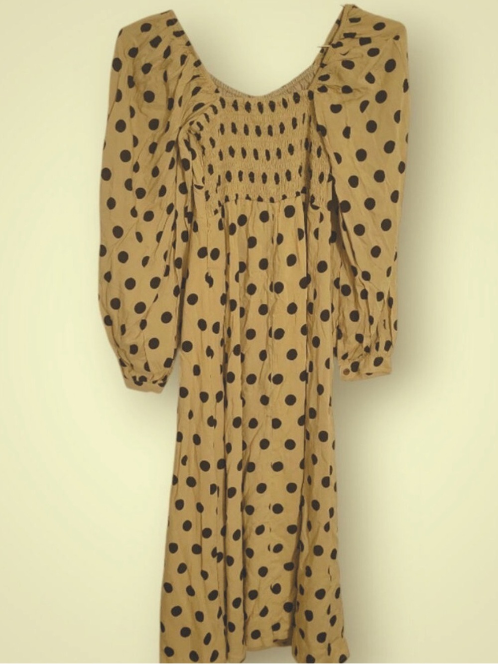 Faithfull the‎ Brand Beige Midi Dress with Black Polka Dots - Picture 9 of 12